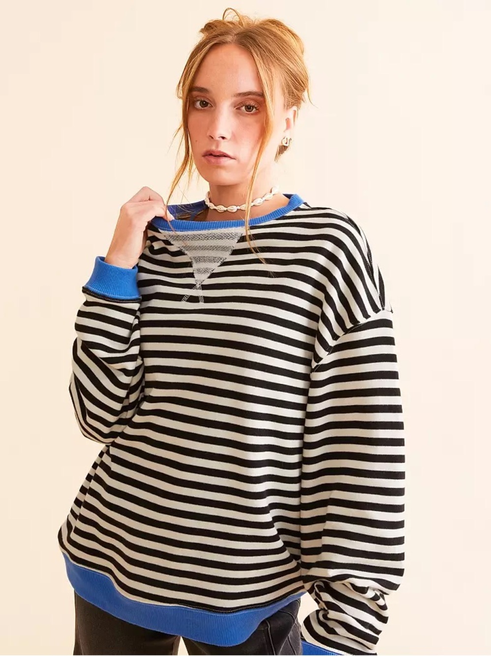 We The Free Black & White Striped Crewneck Sweatshirt with Blue Trim